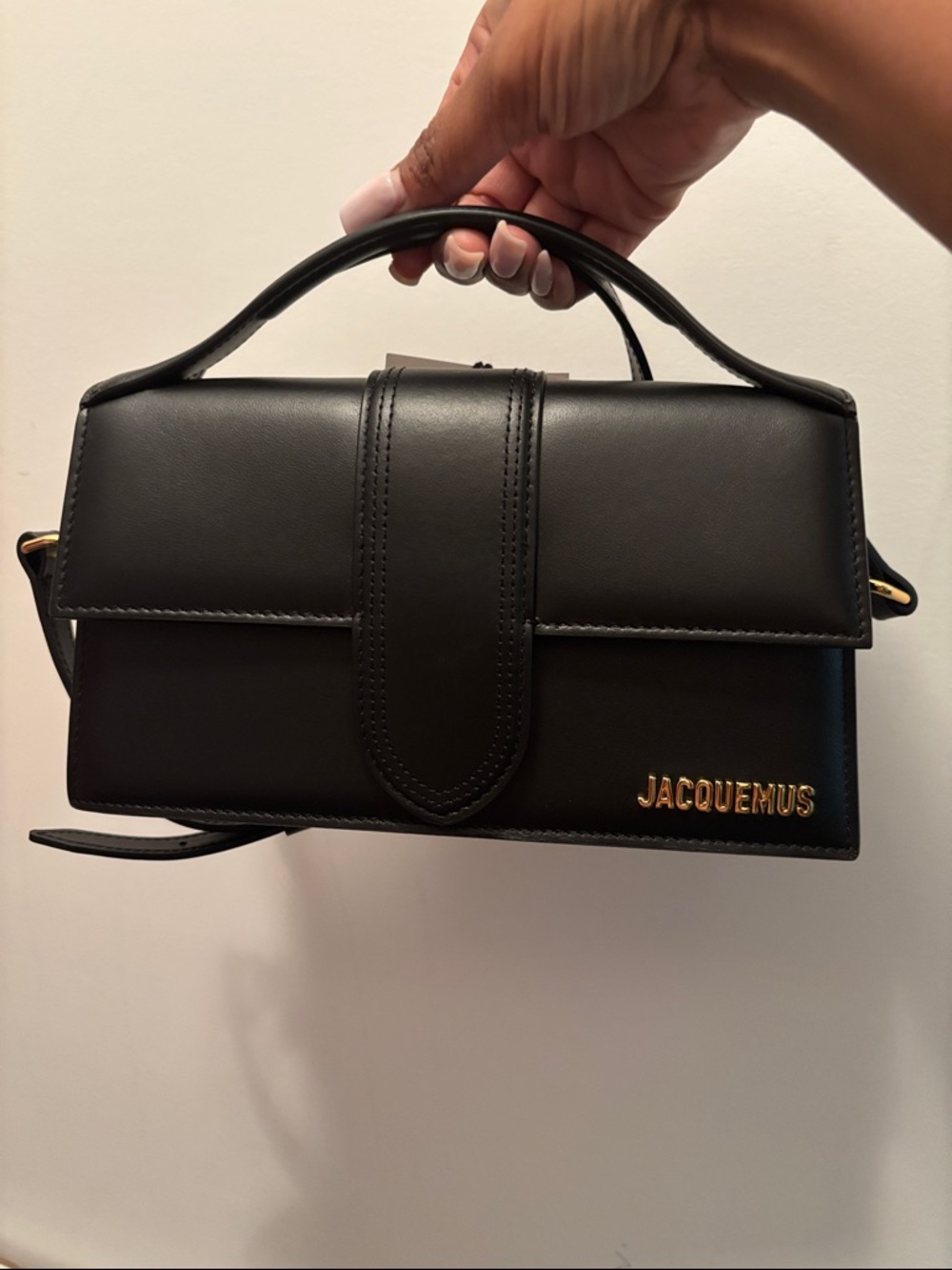 Jacquemus Black Leather Top-Handle Satchel with Gold Logo